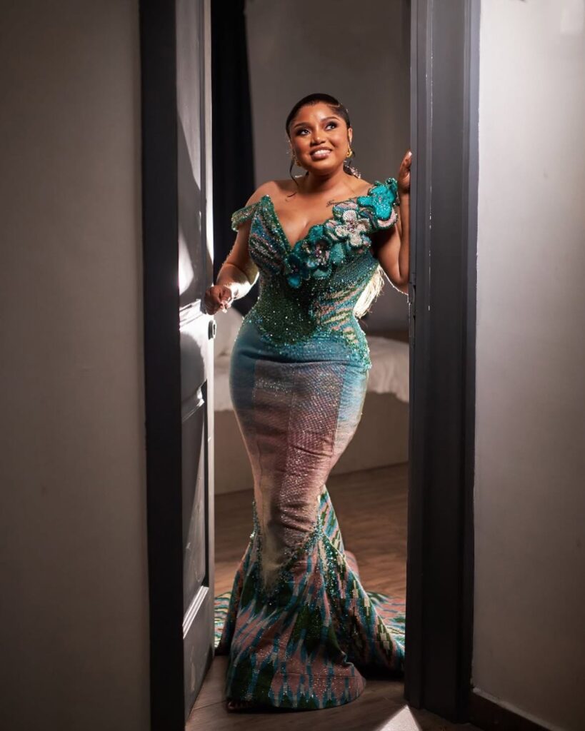 gown teal doorway